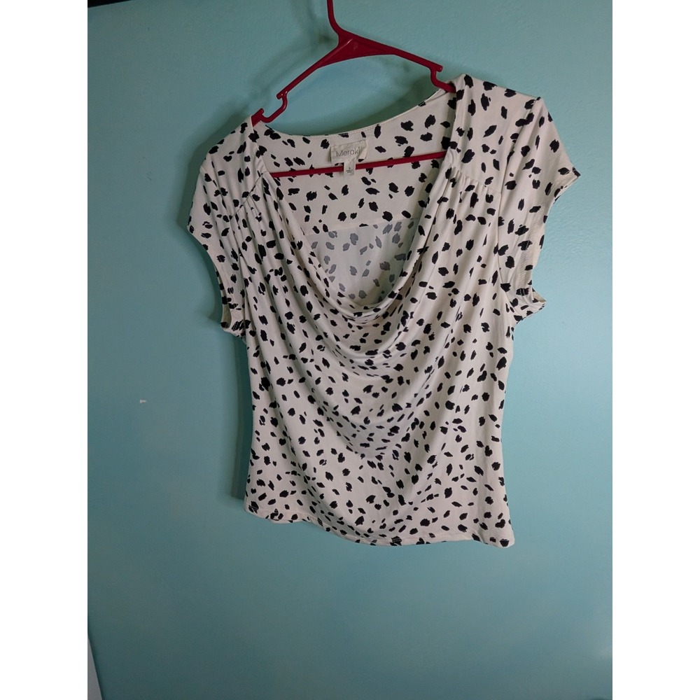 Meraki Womens Dalmatian Print Cowl Neck Cap Sleeve Top White Black Large